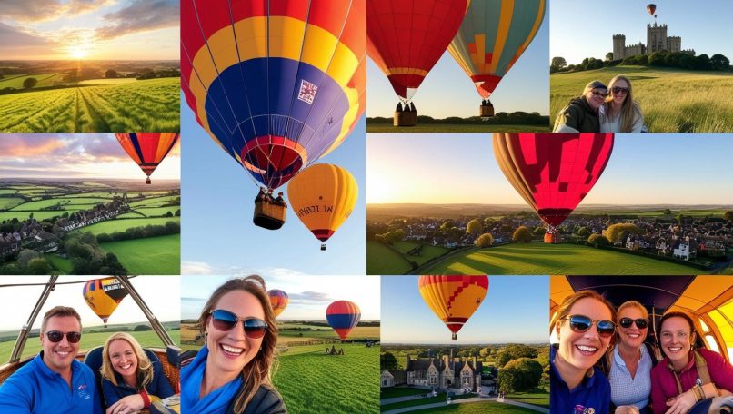 Vibrant hot air balloons over scenic landscapes, people enjoying the view.